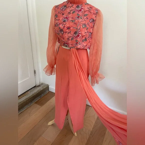 Floral Coral Dress with Sheer Sleeves - Picture 2 of 4